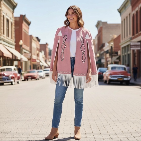 blue b Jackets & Blazers - New blue b Light Pink Rose & White Whipstitch Fringe Trim Western Native Cape OS
